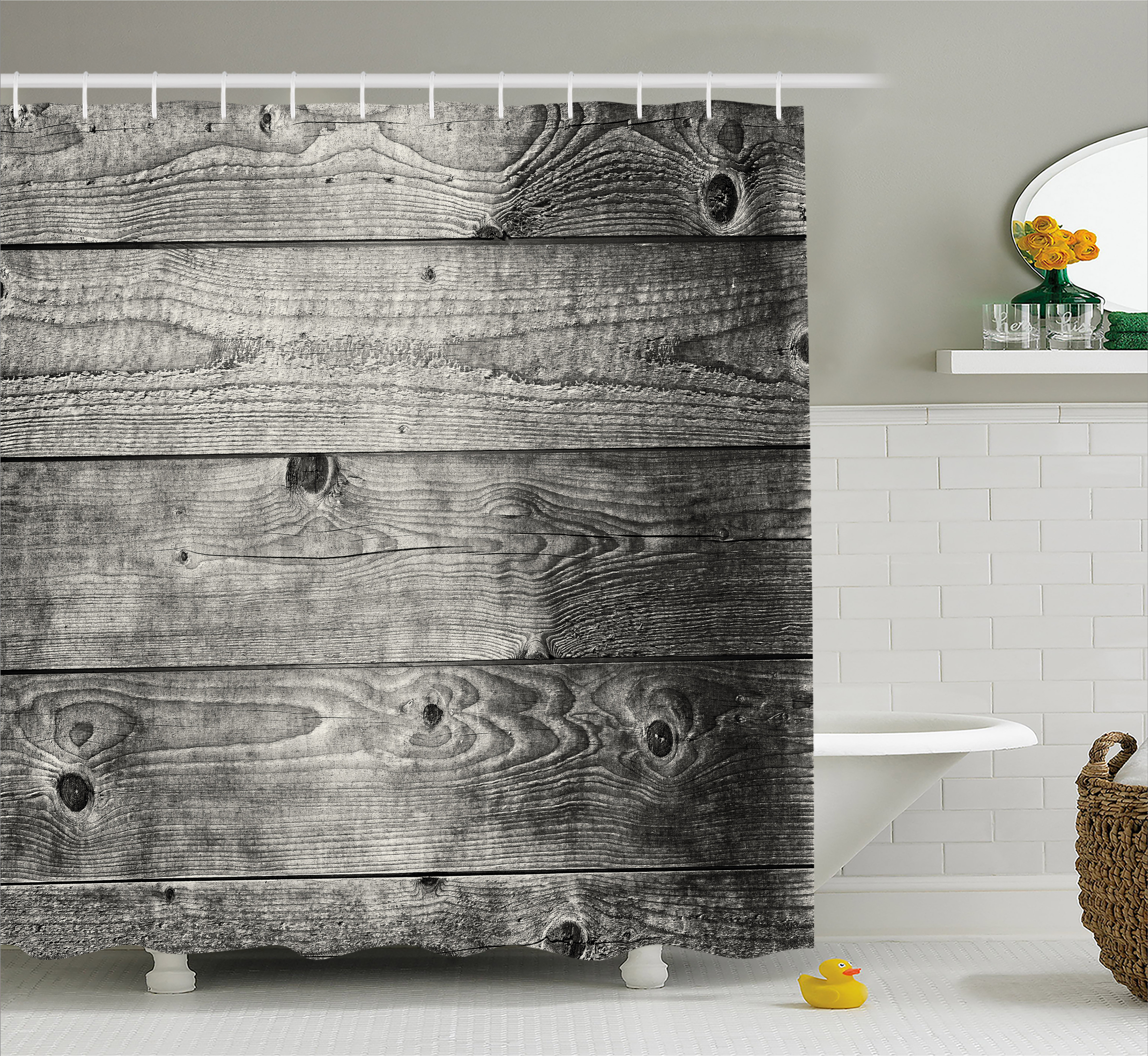 Dark Grey Shower Curtain, Ombre Style Grunge Wooden Planks Rustic