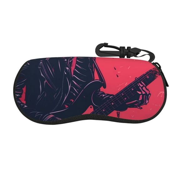 Honeii Rock Skull Guitarist Print Neoprene Glasses Case,Spacious for Sunglasses and Eyeglasses,Zipper Eyeglass Case With Belt Clip