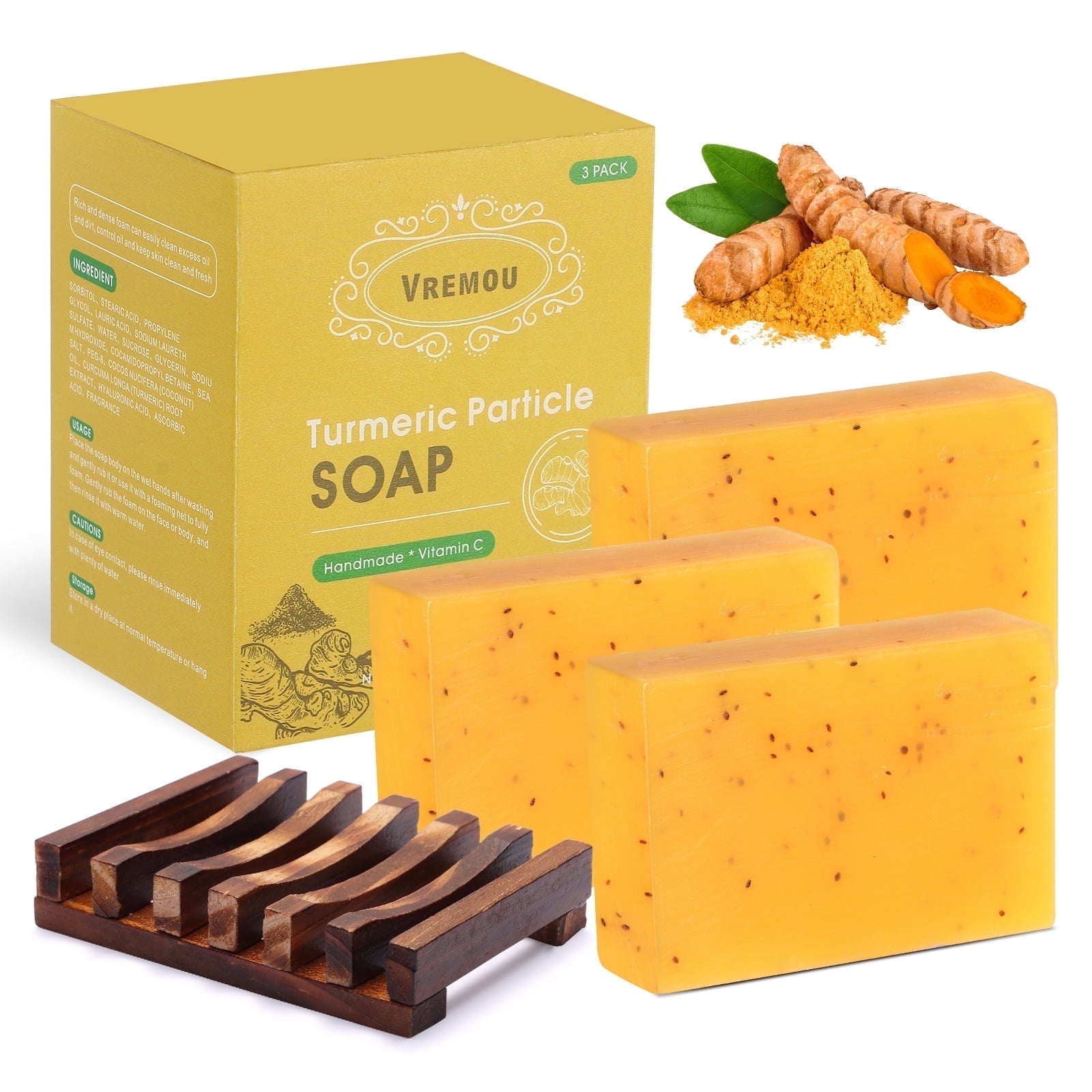 3Packs Turmeric Soap, Natural Tumeric Soap for Face and Body,with Vitamin C, E for All Skin