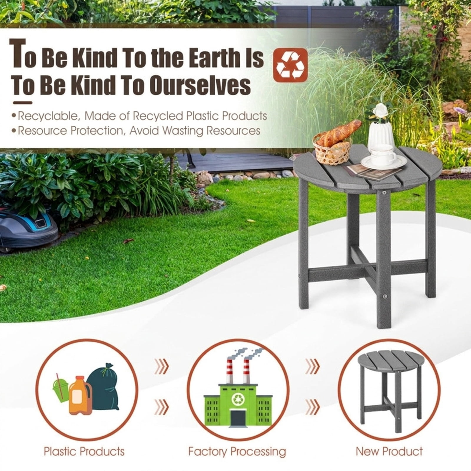 Furnibear 18 Inch Round Weather Resistant Adirondack Outdoor Side Table with Slatted Top for Patio Deck and Garden Seating, Gray