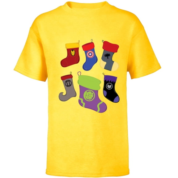 Marvel Holiday Avengers Team Festive Christmas Stockings - Short Sleeve T-Shirt for Kids - Customized-Yellow
