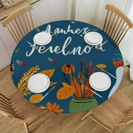 

HAOXIT Fitted Round Tablecloth Welcome Autumn cute cartoon animals turkey fall floral blue Table cover Elastic Edged Table Cloth Fits Round Tables 42-46