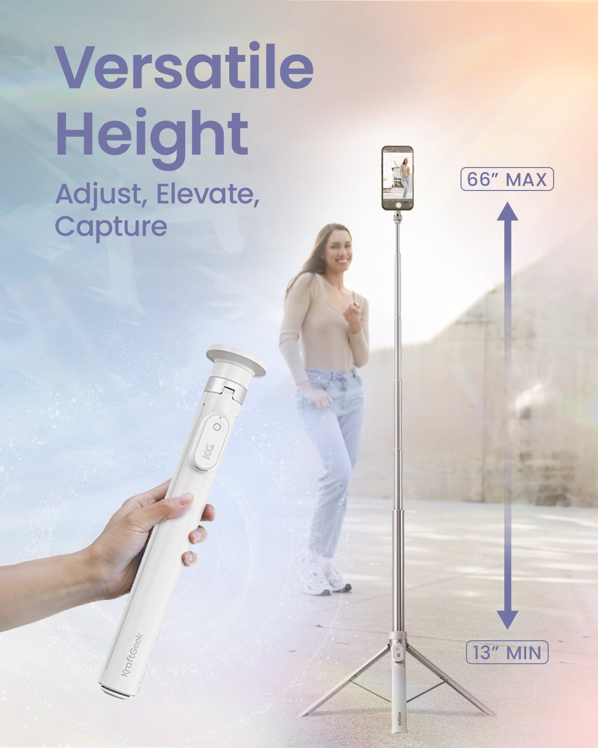 KraftGeek 66'' Magnetic Phone Tripod for iPhone MagSafe, JustTap Selfie Stick Tripod with Remote, Portable Tripod Stand for Video Recording, Travel, Vlogging (White)