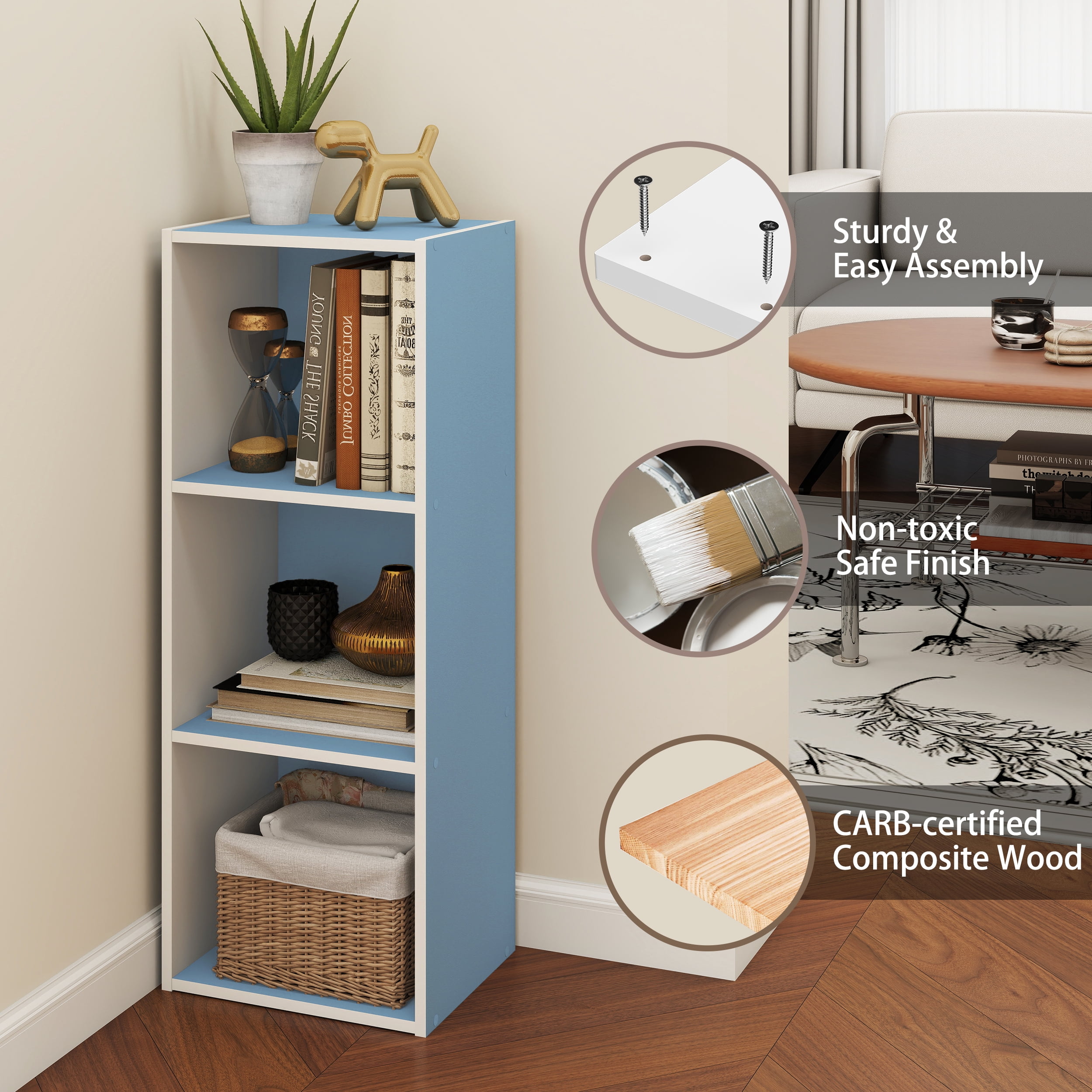 HOMLUX Luder 3-Tier Cube 31.5" Bookcase, Wood Storage Shelf, Small Bookshelf for Home Office & Bedroom, White & Blue