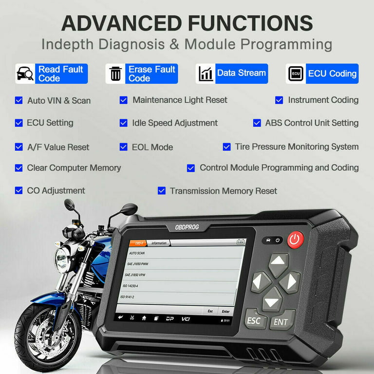 OBDPROG MOTO 100 OBD2 Scanner Motorcycle Diagnostic Tool Full System  Diagnosis ECU Coding ABS IMMO Reset Diagnostic Tools 