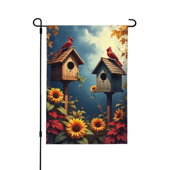 Cardinal Birdhouse Welcome Garden Flag 12x18 Inch Double Sided – Autumn Sunflower Outdoor Yard Decoration For Porch, Lawn & Patio