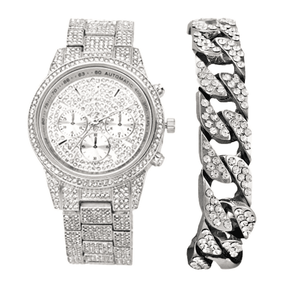 Charles Raymond Bling'ed Out Sophisticated Diamond Ritzy Iced Sporty Faux Chrono Decor Luxury Timepiece – ST10514-Cuban Silver
