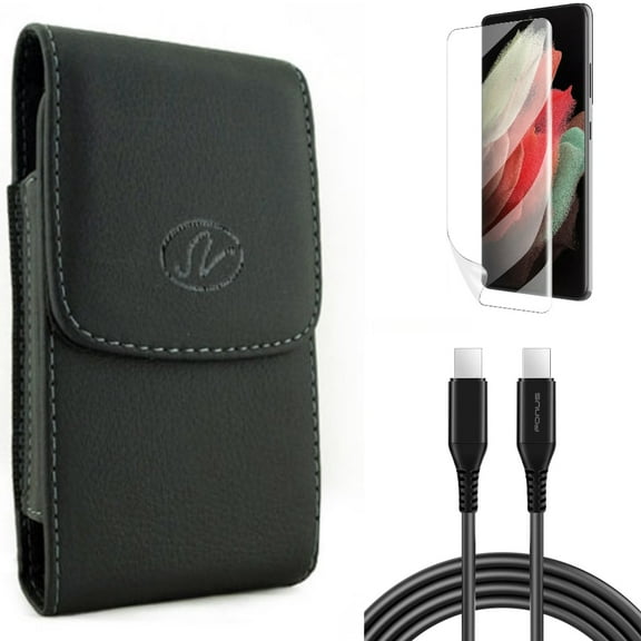 Matte Screen Protector & Case Belt Clip & 6ft Long USB-C Cable for Samsung Galaxy S22 Plus (S22 ) - Combo TPU Film Anti-Glare & Leather Holster Cover & PD Fast Charger Cord Power Wire