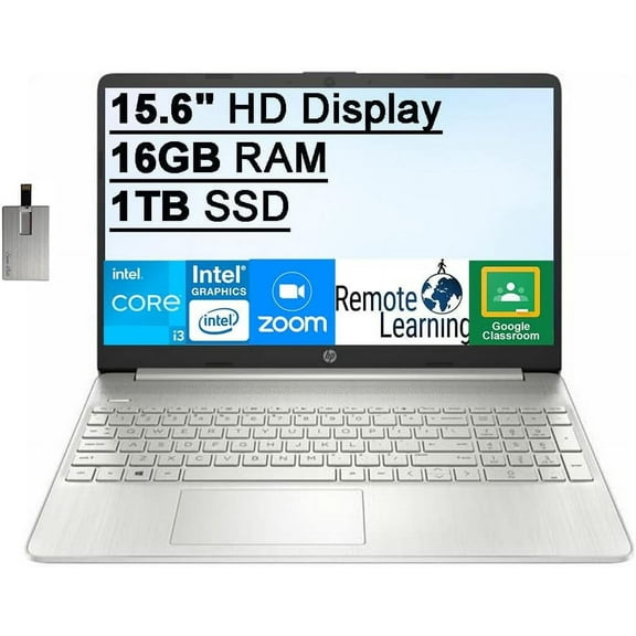 HP Student Laptop, 15.6" HD Laptop, 11th Gen Intel Core i3-1115G4 (Beats i5-1035G1), 16GB RAM, 1TB PCIe SSD, Intel UHD Graphics, 720p HD Camera, Windows 10 S, Silver, 32GB Hotface USB Card