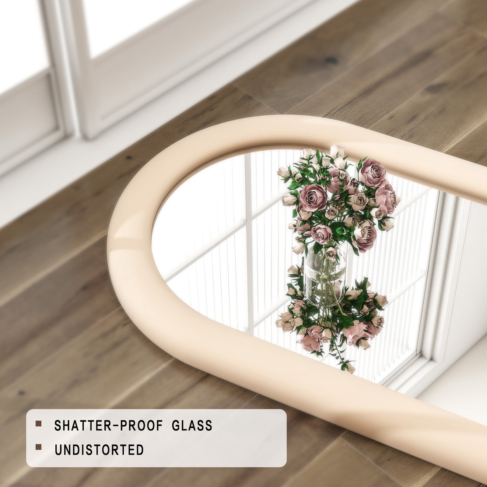 Anyrose 63"x24" Arch-Top Floor Mirror Round-Edge With Thick Flannel Frame, Light Brown