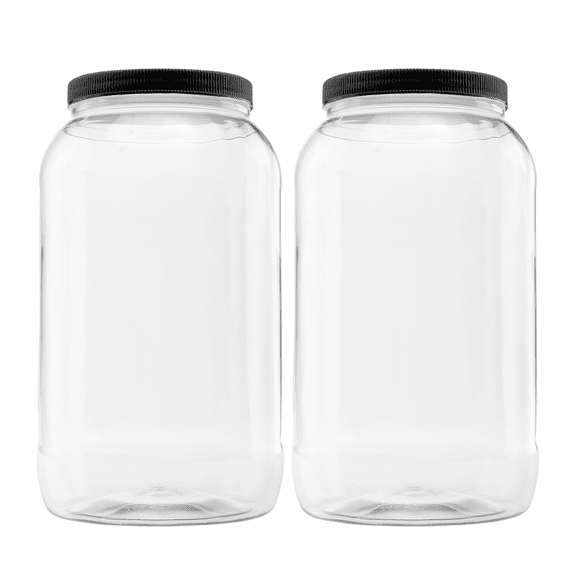 Clearview Containers: 2 Pack of 128 Ounce Plastic Gallon Jars with 110/400 Black Leak Proof Seal Lid - Food Grade and BPA Free