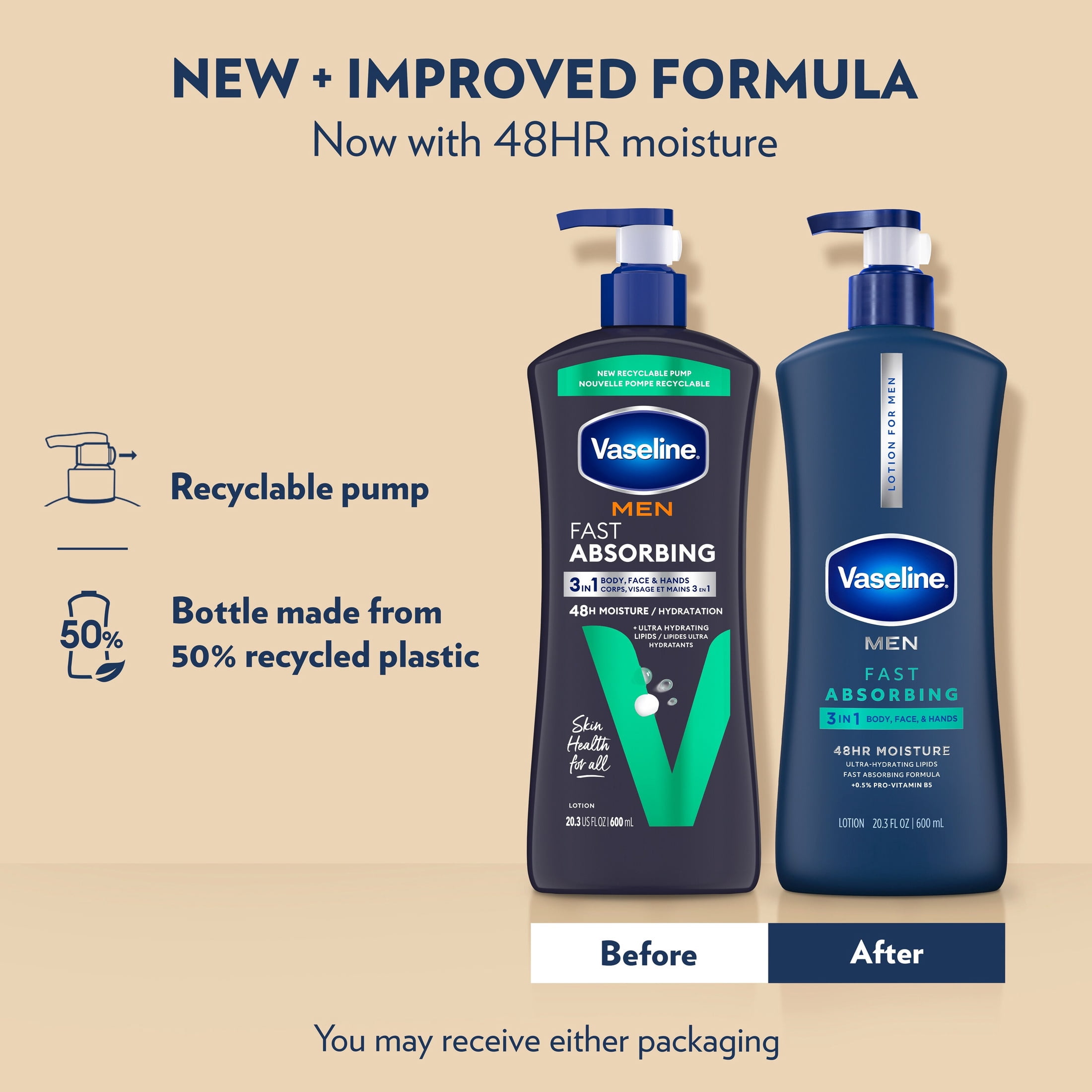 Vaseline Men Fast Absorbing 3-in-1 Face, Hands & Body Lotion For Men, For Dry Skin, Absorbs in Just 15 Seconds for Moisturized Skin, 20.3 Fl oz