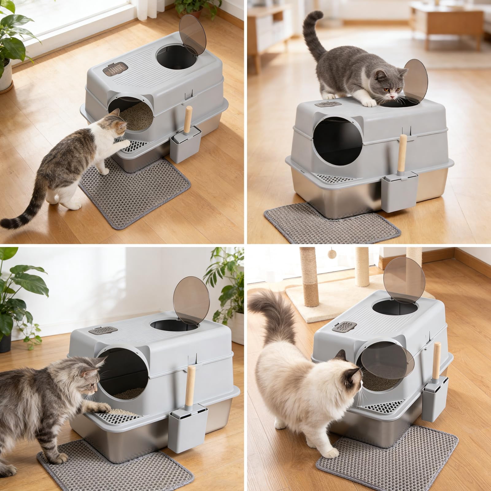 Enclosed Stainless Steel Cat Litter Box With Lid  Xl Large Metal Odor-free/anti-leakage & Non-stick/easy Clean High Sided Mat Scoop For Big Cats