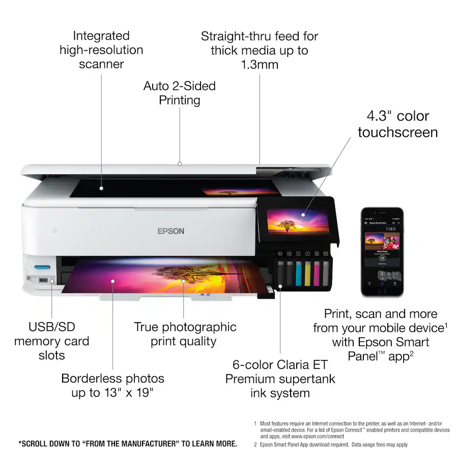 Epson EcoTank Photo ET-8550 Wireless Wide-Format Color All-in-One Supertank Printer with Scanner, Copier, Ethernet (Sold without manufacturer warranty)