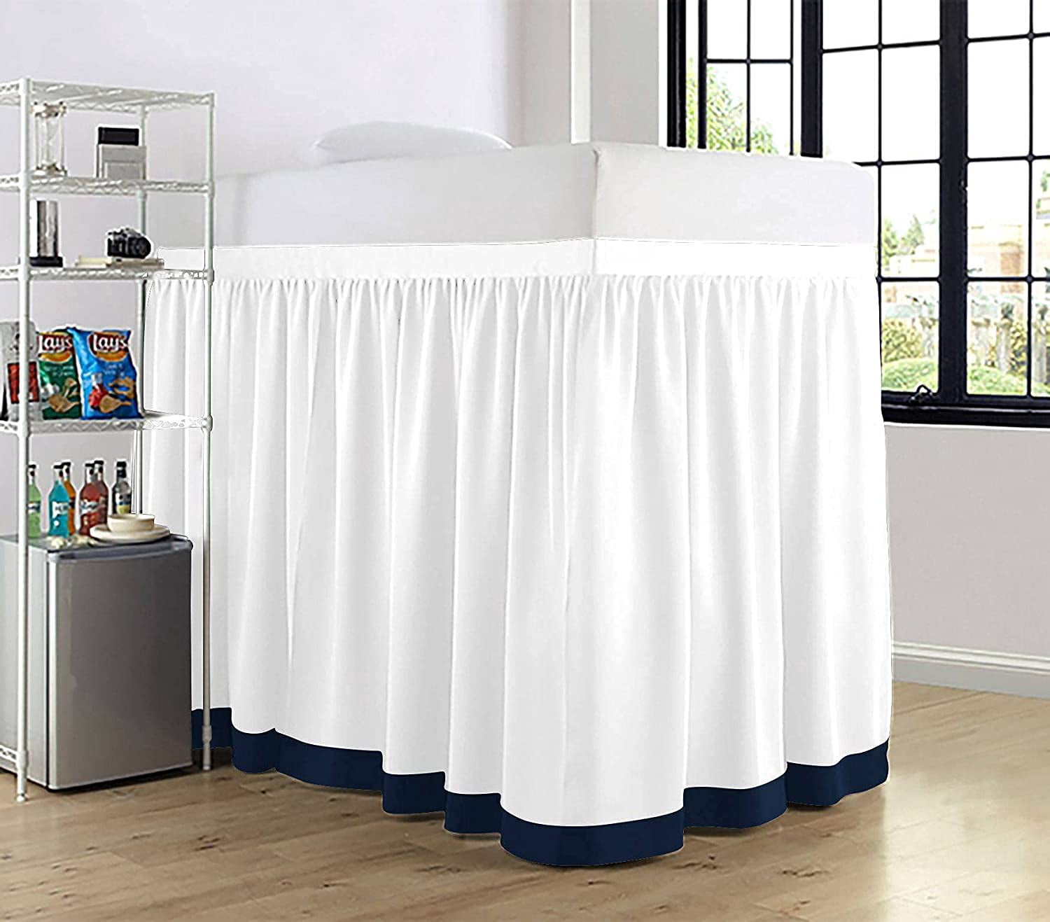Dual Tone Dorm Bed Skirt, Ruffled Dual Tone Dorm Size Bed Skirt - 100% Microfiber Fabric, Dual Tone Dorm Bed Skirt Twin XL Size College Dual Tone Dorm Bed Skirt 38" Drop - Navy Blue and White Solid.