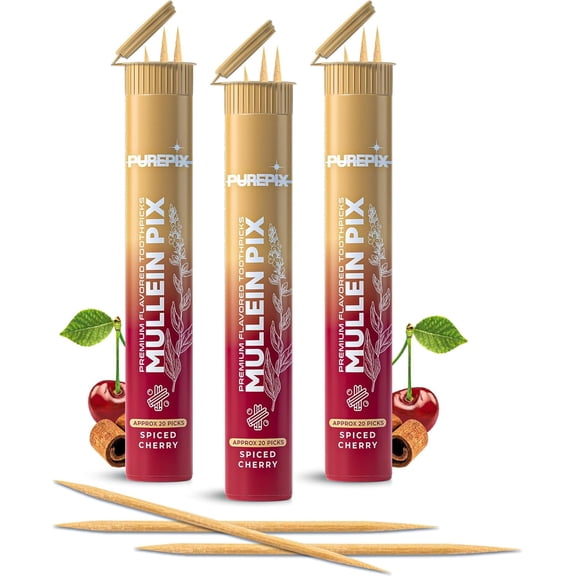 Extra-Thick Flavored Toothpicks Infused with Mullein Leaf – Spiced Cherry | Kosher, Vegan | Made in the USA | 3 Pack