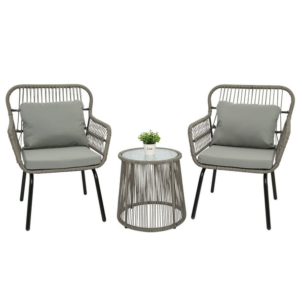 3 Piece Patio Conversation Bistro Set Outdoor All Weather Wicker Furniture For Porch Backyard With 2 Wide Ergonomic Chairs Cushions Glass Top Table Chair Poolside Gray Q17609 Com 3 Piece Patio Conversation Bistro Set, Ergonomic Outdoor Furniture