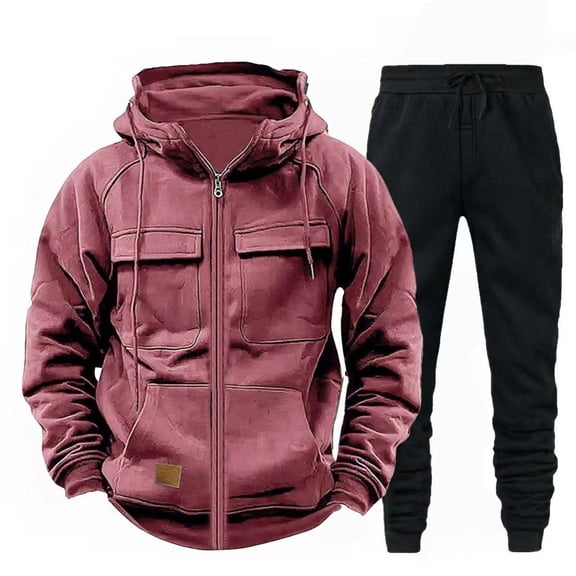mihongmao Jogger Sets for Men 2 Piece Men's Zipper Workwear Pullover Hooded Sweatshirt Set Solid Color Cardigan Pocket Casual Two-piece Set Men's Long Sleeved Hooded Set Pink L