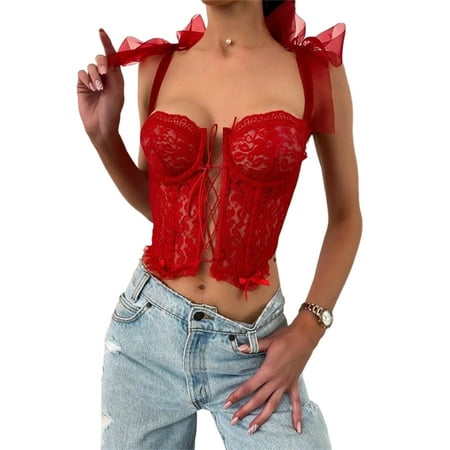 

Ma&Baby Women Corset Tops Lace Vest V Neck Bustier Slim Cami Tanks Party Tube Crop Top