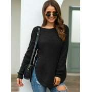 Levmjia Women's Sweaters Clearance Long Sleeve Round Neck Pullover Split Solid Color Top Round Neck Sweater