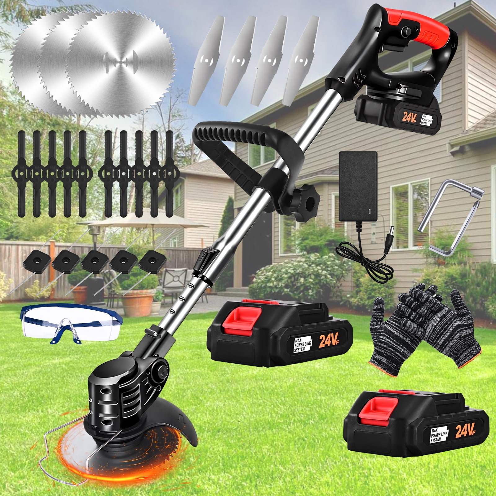 Ktinnead Electric Weed Wacker Cordless,Weed Eater Battery Powered,Cordless String Trimmer with Fast Charger ,Grass Cutter Machine with 4 Replacement Spools, Edger Lawn Tool, Black