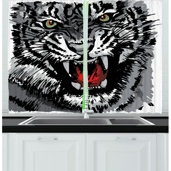 Ambesonne Black White Kitchen Curtains, Tiger Roars, 55"x45", White Black Grey