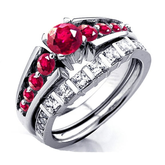 Dazzlingrock Collection 1.75 Carat (ctw) 14k Ruby and White Moissanite Engagement Ring Set 1 3/4 CT, White Gold, Size 7.5