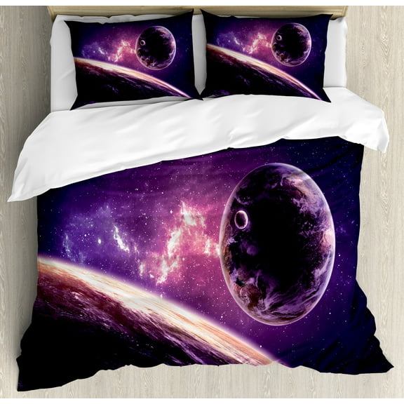 Galaxy Duvet Cover Set, Planets over Purple Nebula Celestial Comet Magic Rays Universe Astronomy Picture, Decorative 3 Piece Bedding Set with 2 Pillow Shams, Calking Size, Magenta Mauve, by Ambesonne