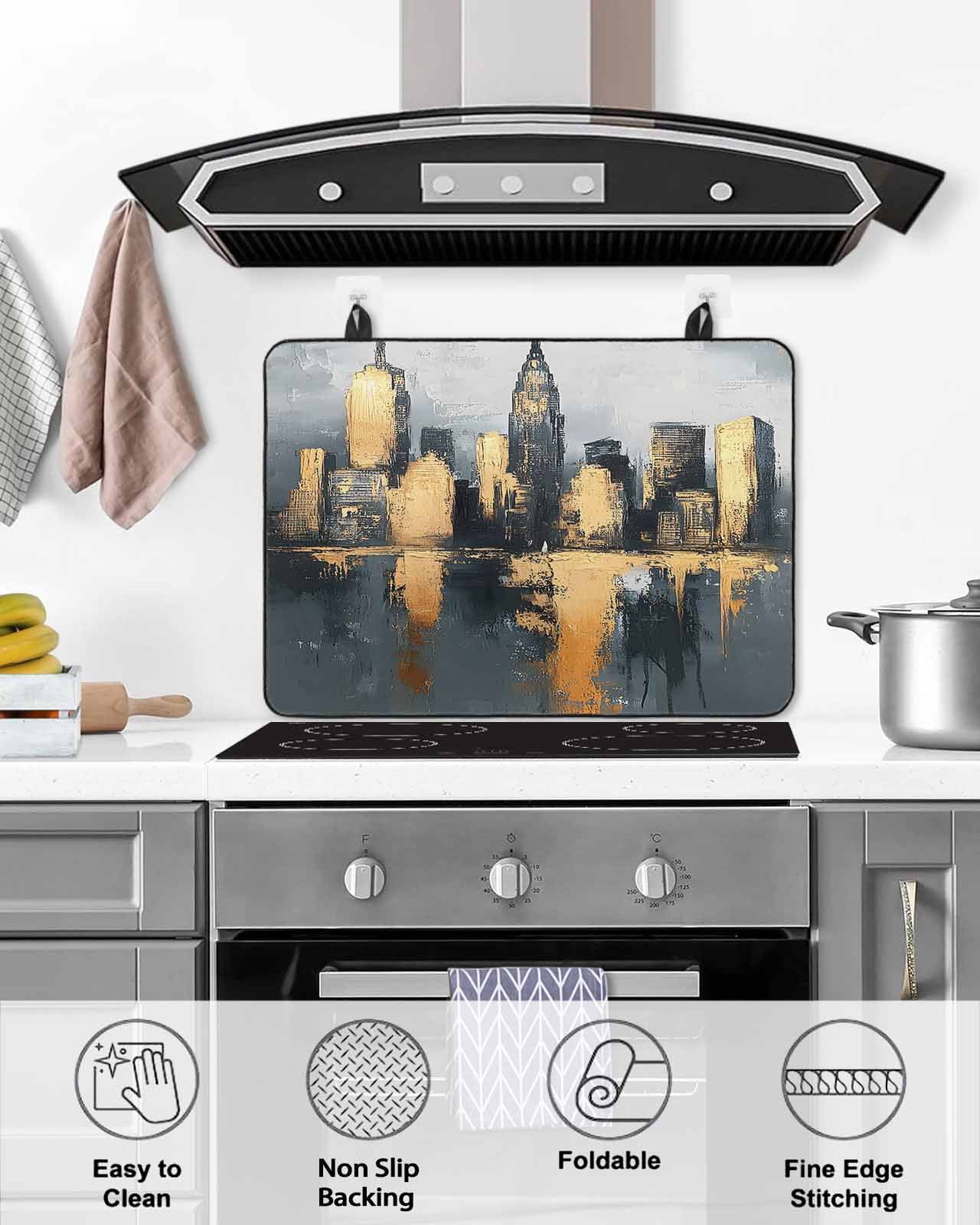 nqOlkjepod Large Induction Cooktop Protector Mat 24"x21", Gold Black Building Stove Top Covers for Electric Stove, Modern Chic City Oil Painting Stove Burner Cover Mats, Glass Top Stove Cover