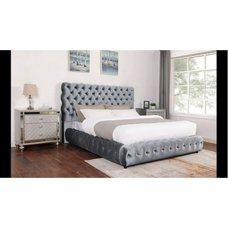 Contemporary 3pc Gray Fabric Upholstered King Size Bed and Nightstand Set Tufted Headboard Footboard Bedroom Furniture
