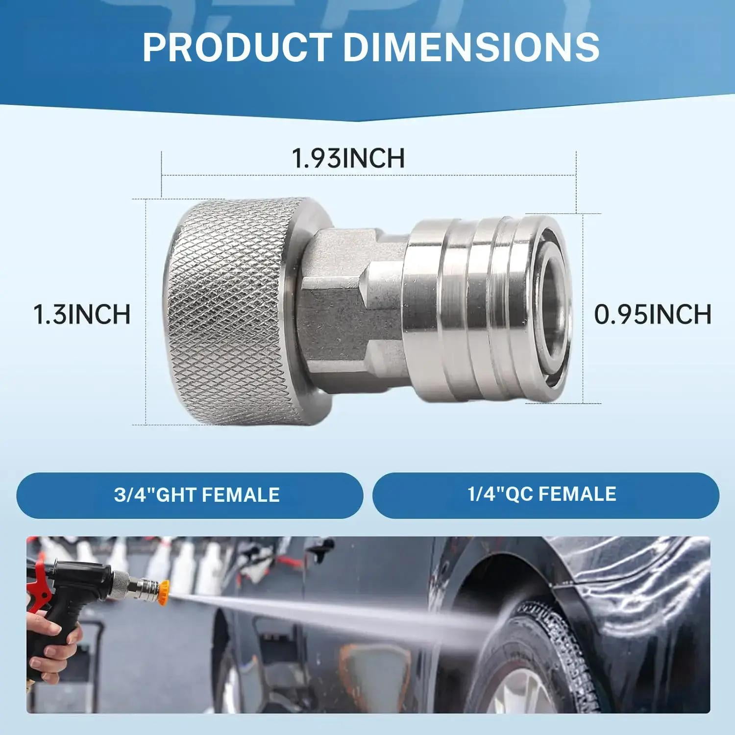 3/4" GHT to 1/4" Quick Connect Garden Hose to Pressure Washer Adapter, Stainless Steel Garden Hose Connectors, Tool-Free Install, Leak-Proof for Car Washing, Yardwork
