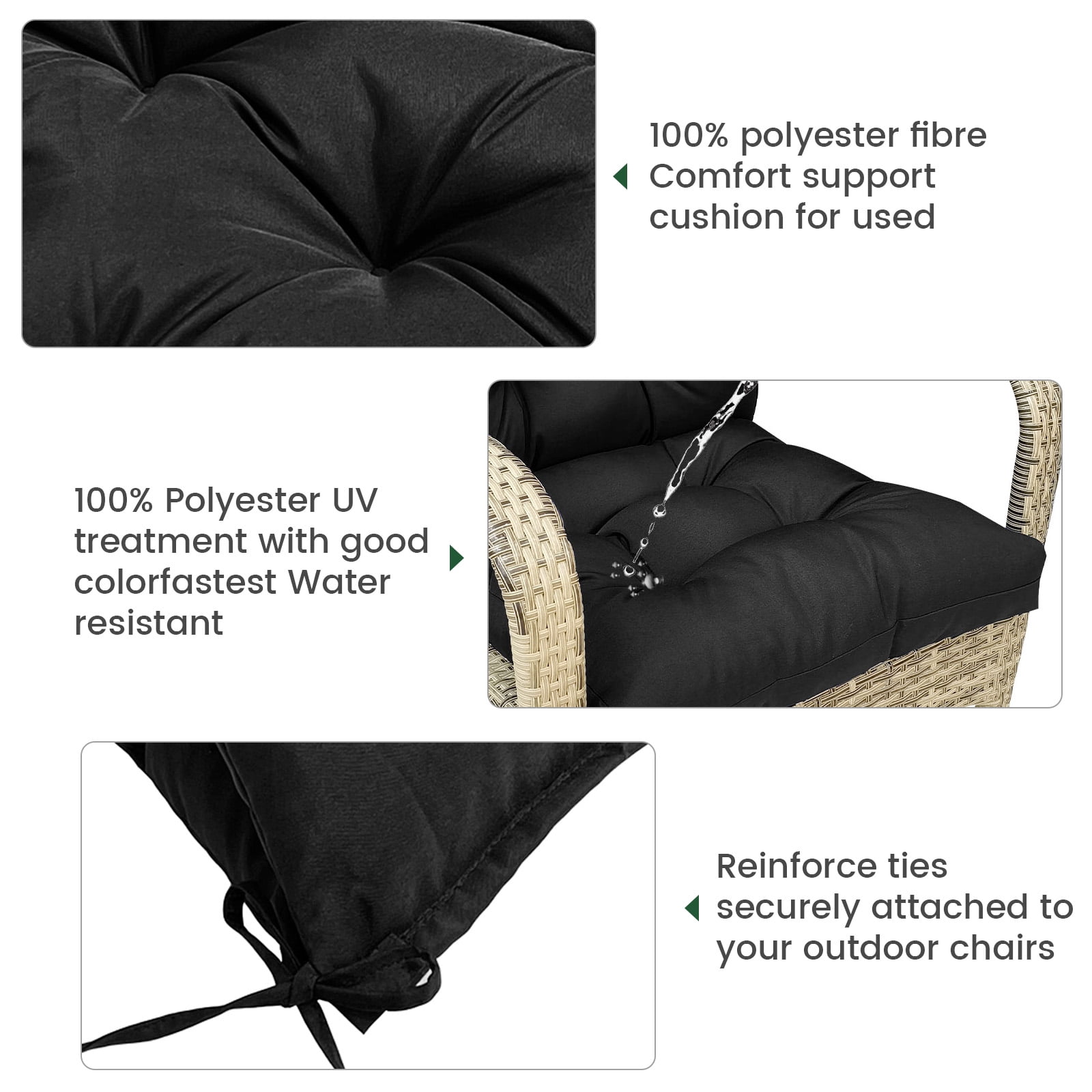 SHANNA Outdoor Chair Cushions, 4 Pack Tufted Thicken Waterproof Patio Chair Pad Wicker Chair Seat Cushion with Non-Slip Ties for Outdoor Furniture, Black