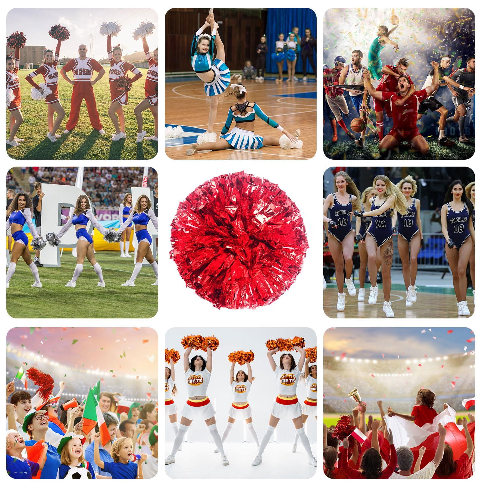 Cheerleading Pom Poms 12 Pcs with Straight Handle, Handheld Squad Pompoms for Sports Team Cheer Spirit Games, Dance Party Adults