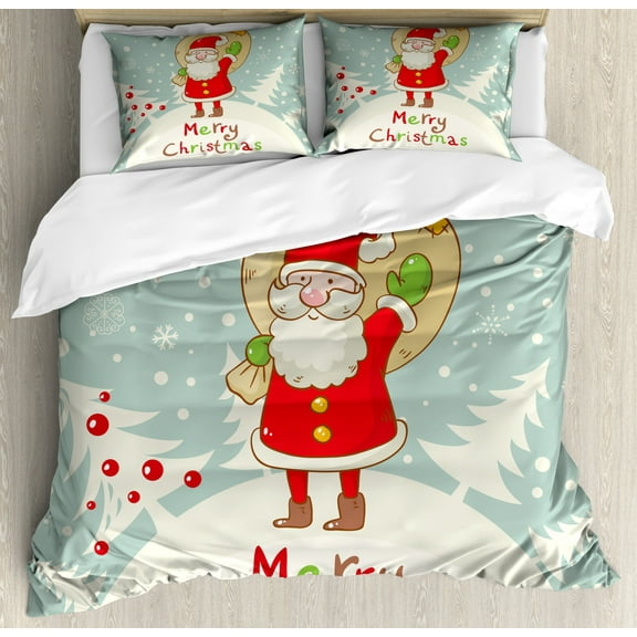 Santa Duvet Cover Set Queen Size, Merry Christmas Theme Cute Santa with a Sack of Presents on Forest and Snowflakes, Decorative 3 Piece Bedding Set with 2 Pillow Shams, Multicolor, by Ambesonne