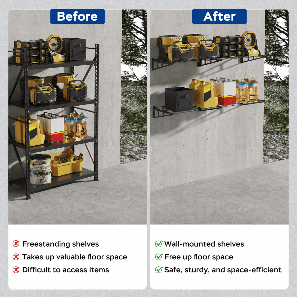 Sedalip 4-Pack Garage Wall Shelves, 2' x 3' Modular Steel Wall Mounted Storage Shelves for Tools, Bins, Tires, Black
