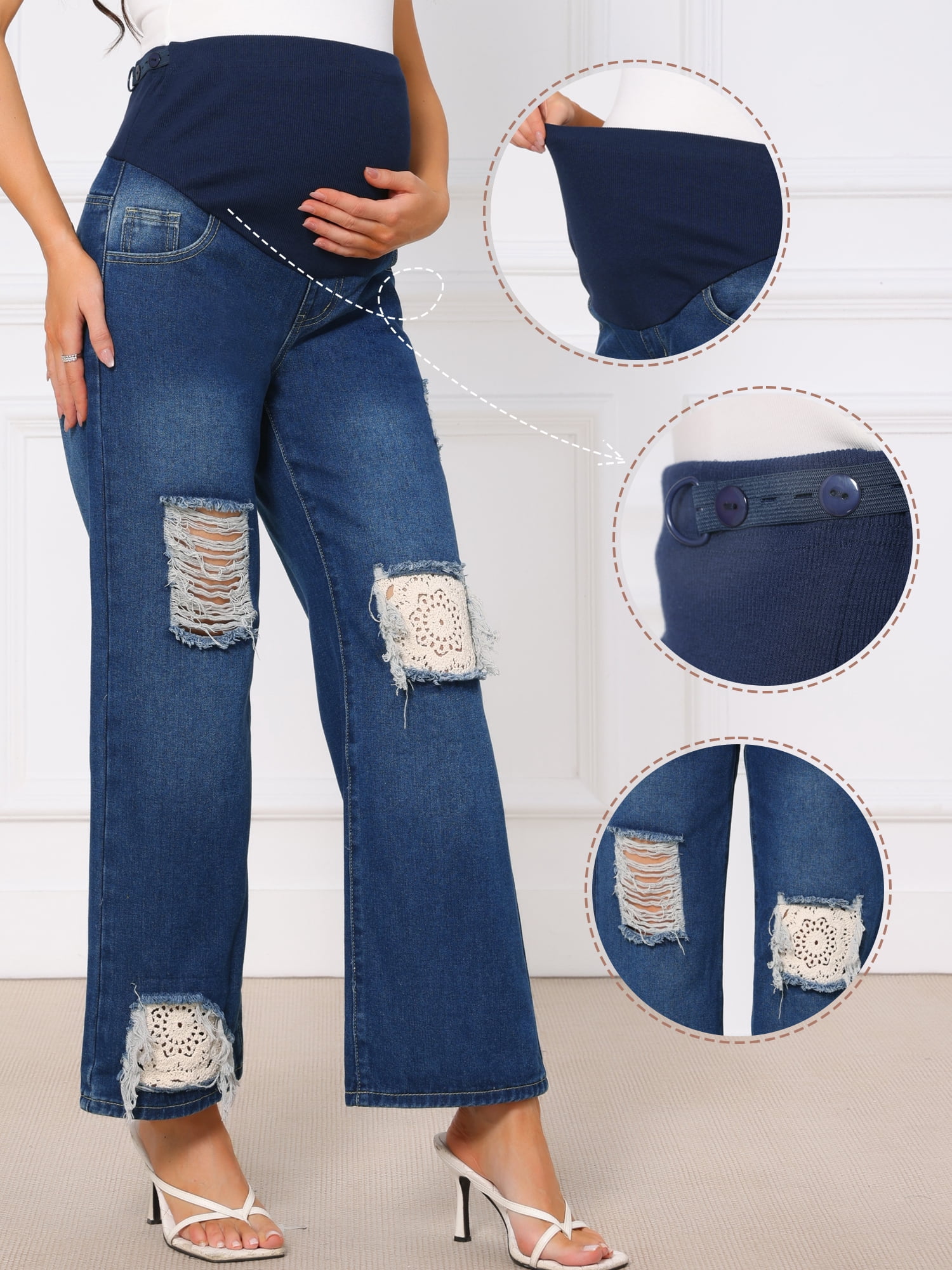 DARING DIVA Women's Maternity Over-the-Belly Ripped Distressed Jeans XL Dark Blue