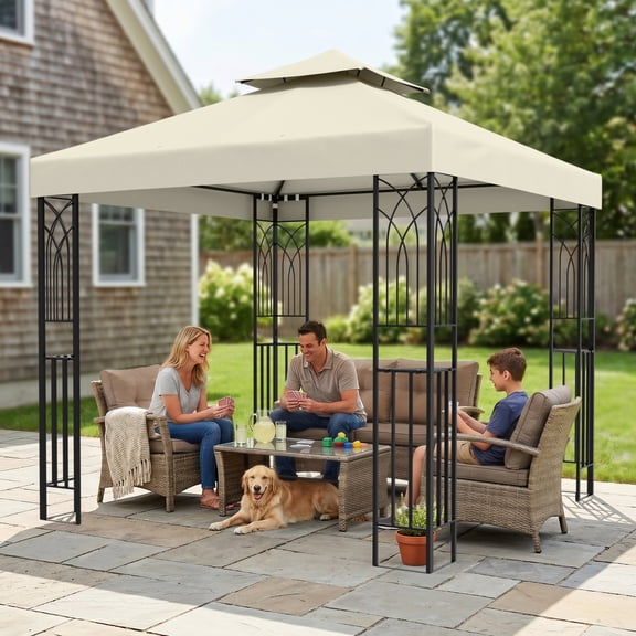 COOS BAY 8x8 Outdoor Patio Gazebo with Corner Shelves, Two-Tier Soft Top Canopy for Backyard, Lawn, Deck and Garden, Beige