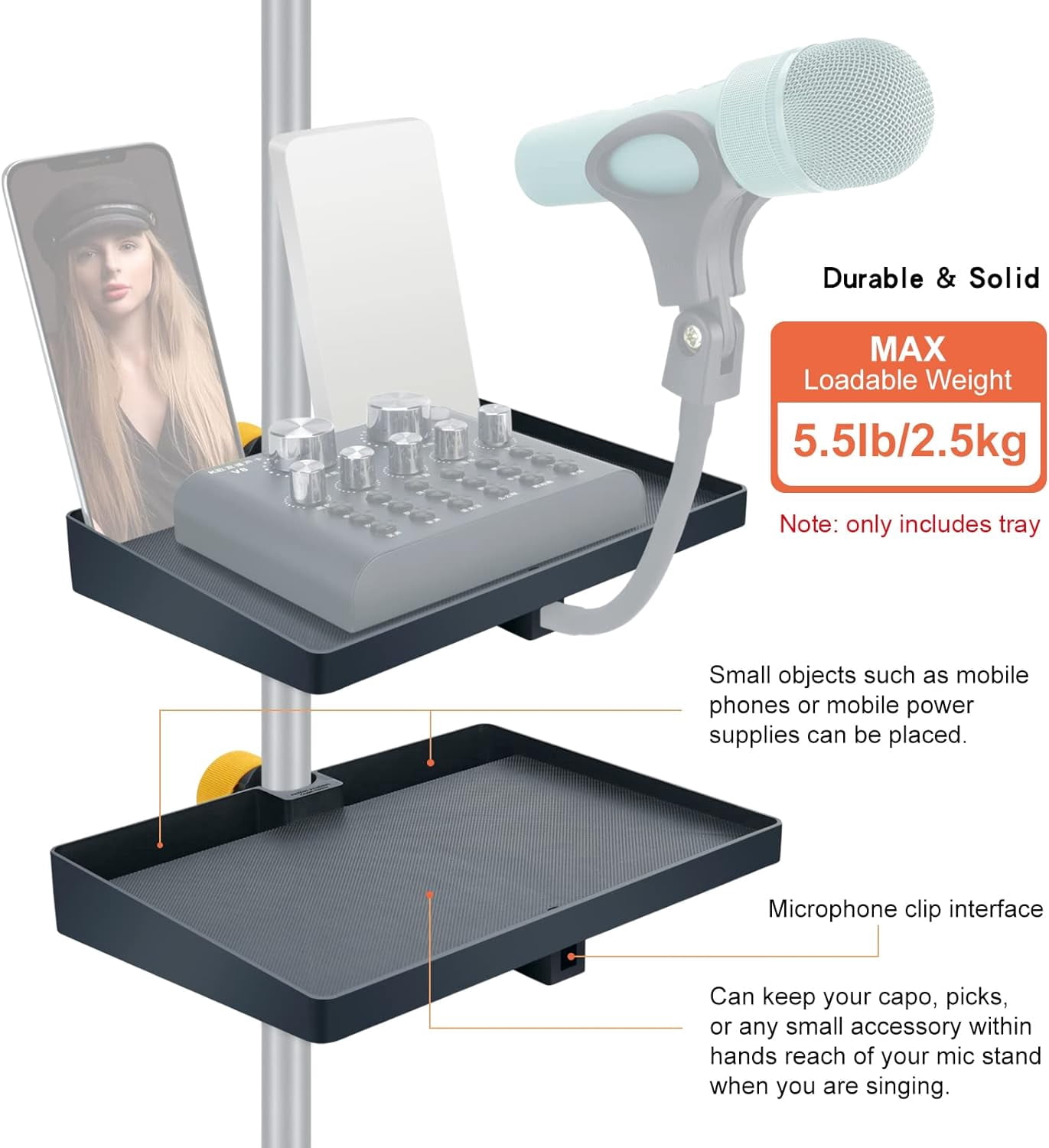 LINCO Adjustable Microphone Stand Tray with Two Phone Holders, Universal Mic Stand Clamp On Rack Tray for Music Concert, Live Streaming, Live Broadcast, Karaoke, Recording 8.3" x 6.3"-TD310