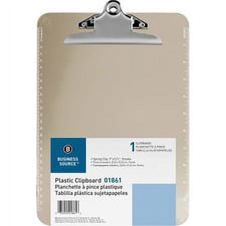 Business Source Spring Clip Plastic Clipboard - 8 1/2" x 11" - Spring Clip - Plastic - Smoke - 1 Each | Bundle of 5