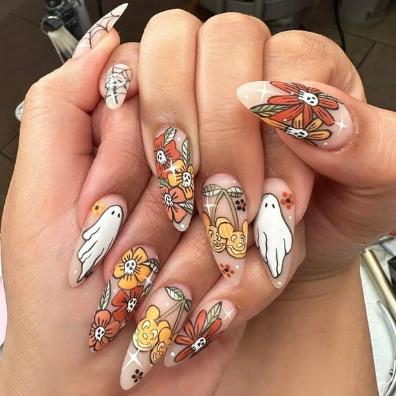 Wearable Nail Art - Halloween with Pumpkin, Flower, Spider and Little Ghost Patterns, Detachable False Nails