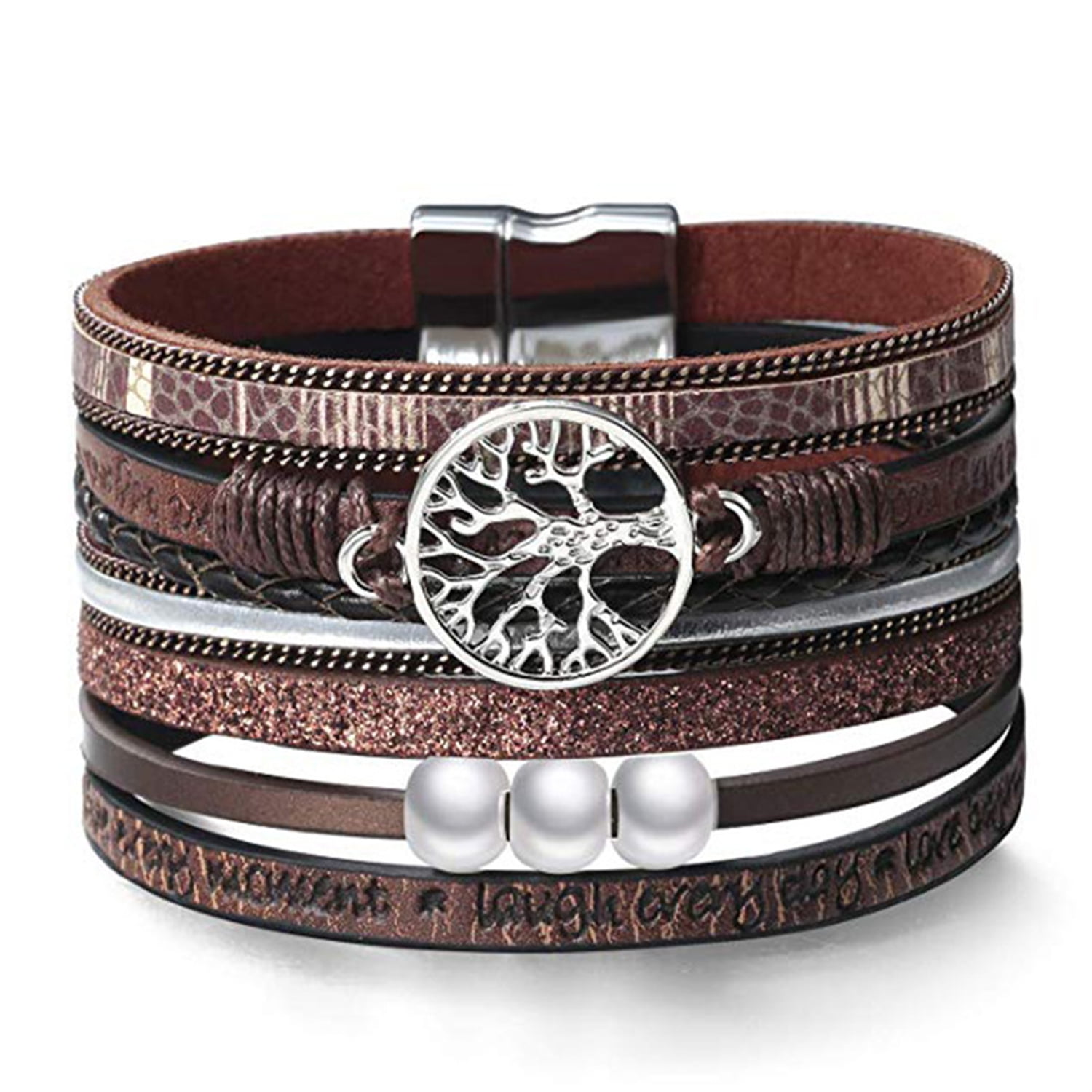 AZORA Womens Leather Wrap Bracelet Tree of Life Cuff Bracelets Magnetic Multi Strand Boho Bracelet Jewelry Christmas Gift for Women Daughter Mum 