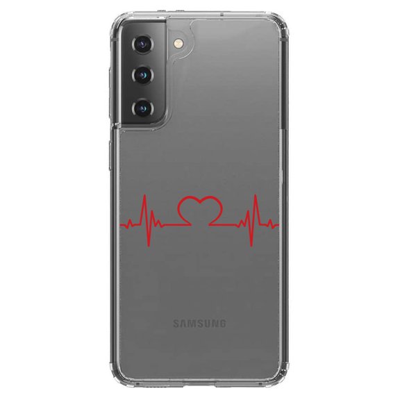 DistinctInk Clear Shockproof Hybrid Case for Galaxy S21  PLUS 5G (6.7" Screen) - TPU Bumper Acrylic Back Tempered Glass Screen Protector - Heart Pulse EKG Red Valentine