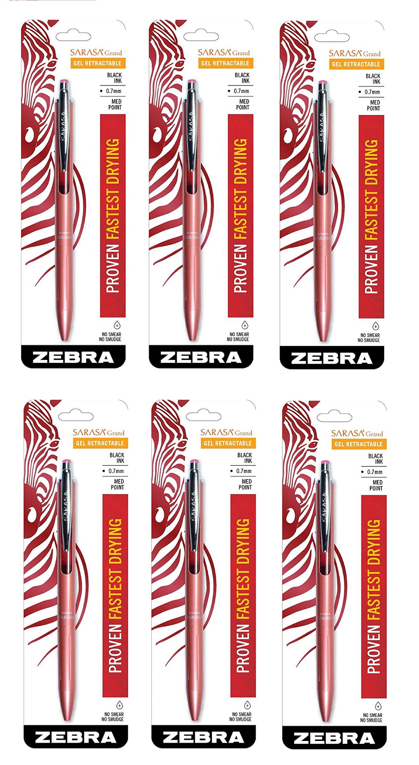 Zebra Sarasa Grand, Retractable Gel Ink Pen, Rose Gold Barrel, Medium Point, 0.7mm, Black Ink, Sold as 6 Pack