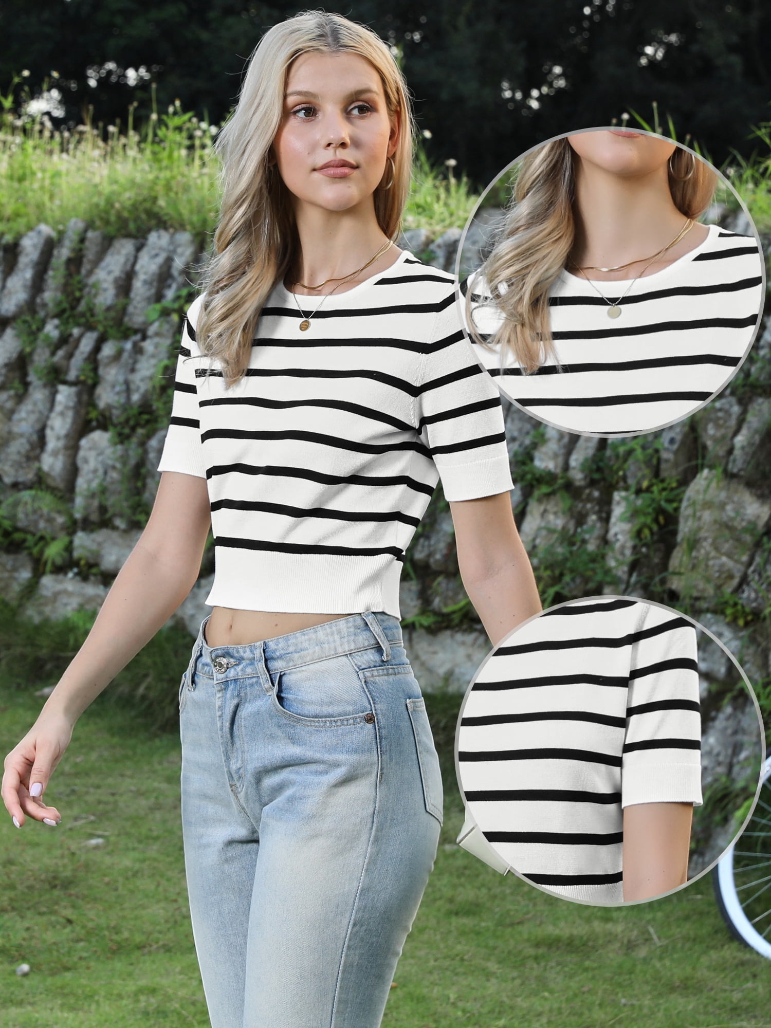 DARING DIVA Women's Short Sleeve Striped Crew Neck T Shirts M Black Striped