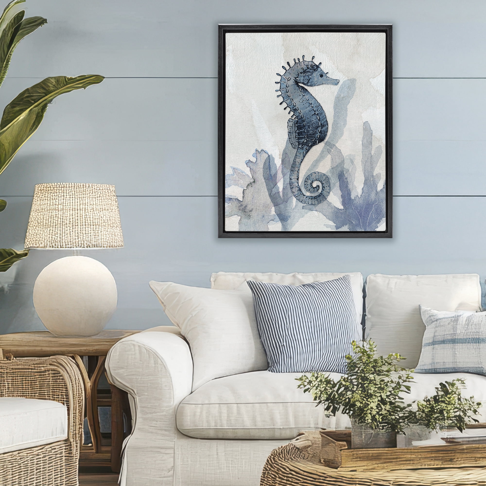 Stupell Industries Seahorse & Seaweed Impressions Black Framed Floater Canvas Wall Art, design by Susan Jill