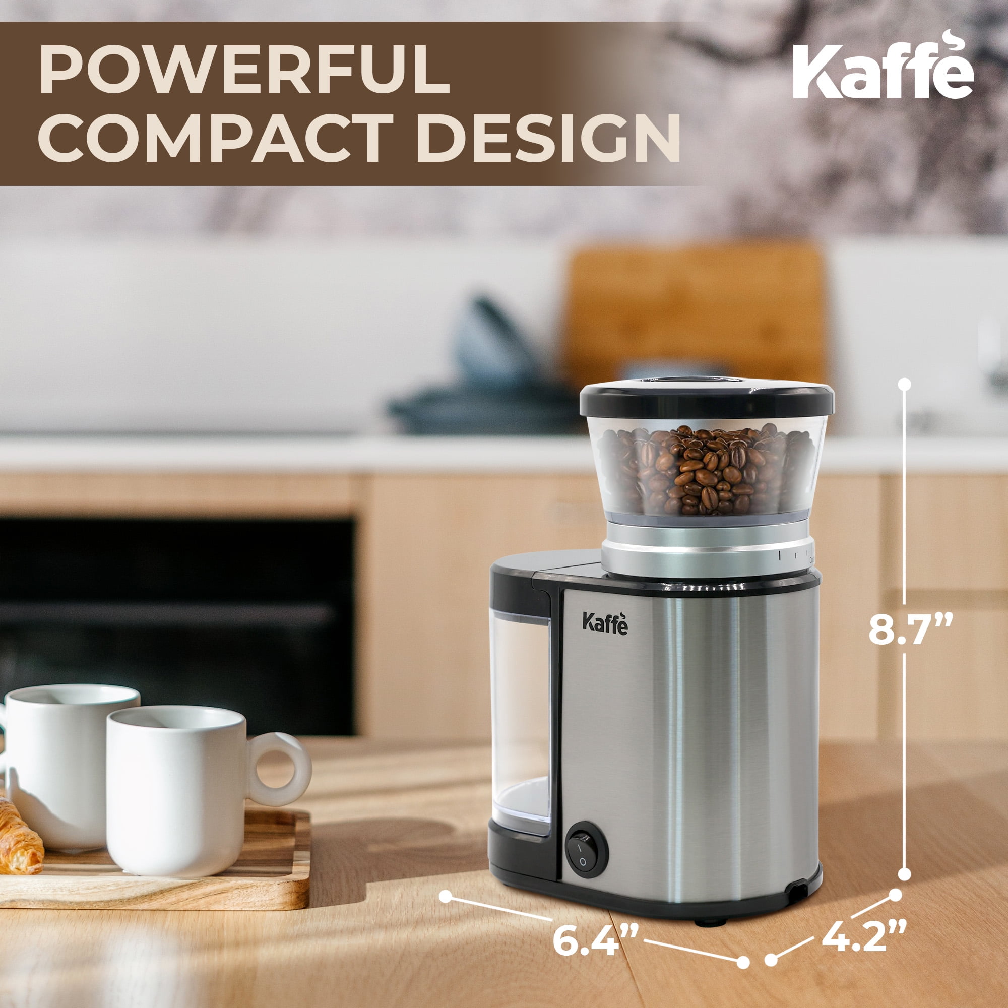 Kaffe Coffee Grinder Electric. Best Coffee Grinders for Home Use. (14 Cup)  Easy On/Off w/Cleaning Brush Included. Stainless Steel