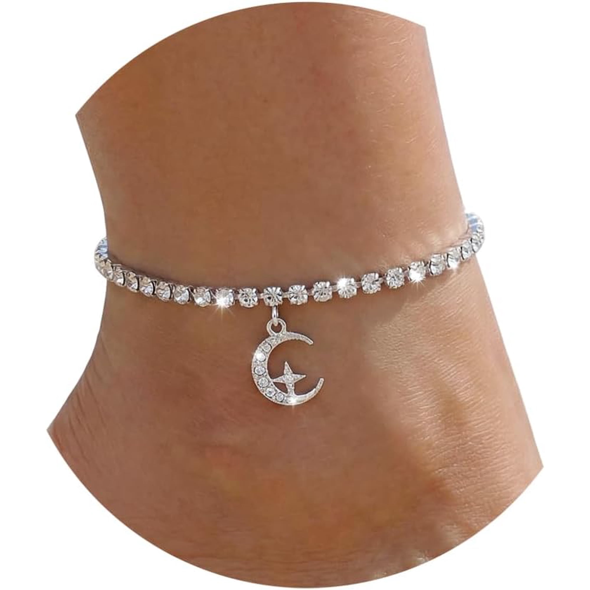 Tarien Silver Ankle Bracelets for Women, Adjustable Rhinestone Pendant Tennis Anklet, Butterfly Heart Infinite Diamond Summer Beach Foot Chain Jewelry Gifts