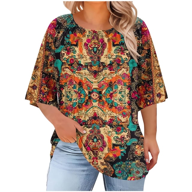 Tauxra T-Shirts Grande Taille pour Femmes, Hauts Décontractés à Manches Courtes Coupe Ample avec Imprimé, T-Shirt à Col Rond Coupe Décontractée pour le Quotidien