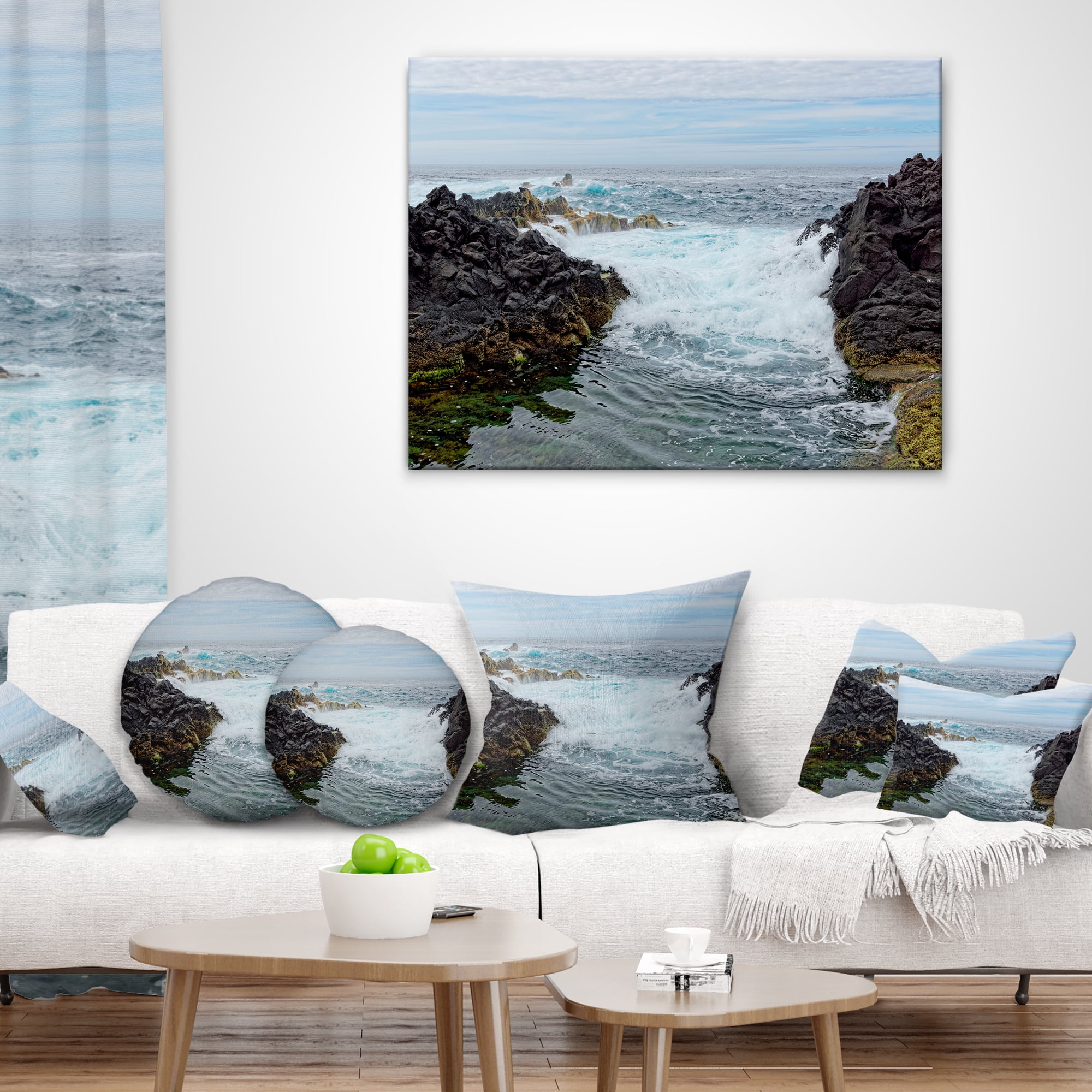 Designart Splashing Waters to Mossy Rock - Seashore Throw Pillow - 12x20