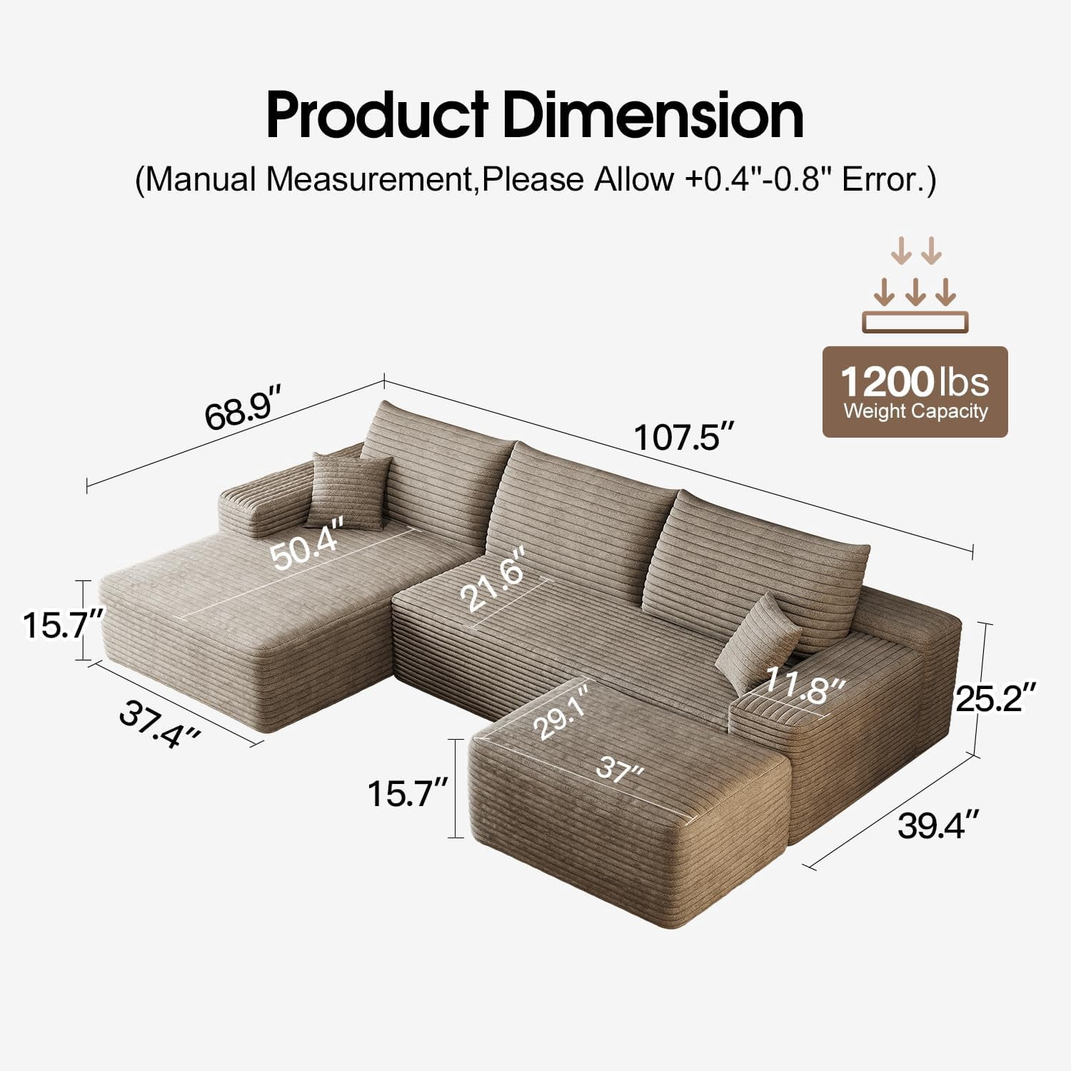 Sailvan 107" Cloud Sectional Couch, Cloudy Sofa with L-Shape Chaise & Ottoman, Upholstered Couches for Living Room & Bedroom, No Assembly Required, Plush Corduroy Fabric, Camel